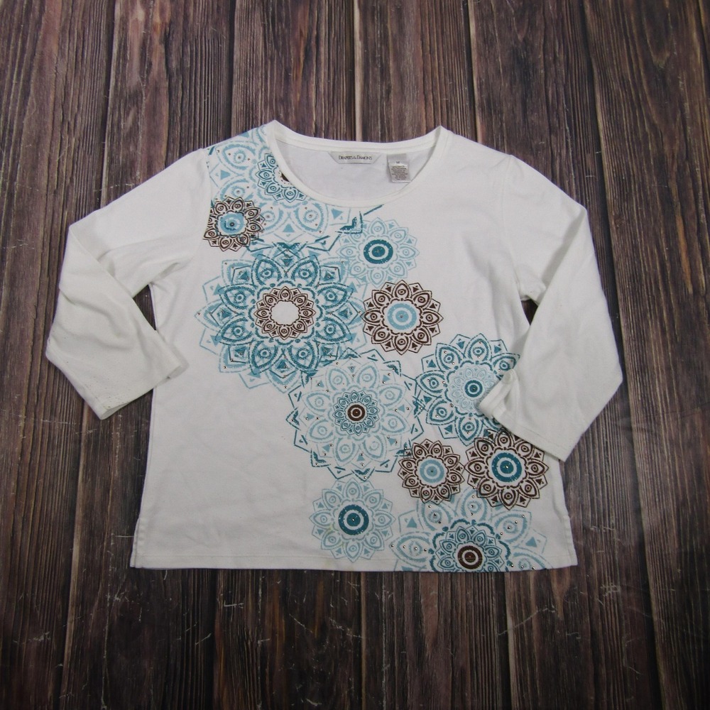 Drapers‎ & Damons Womens M White Mandala Print 3/4 Sleeve T Shirt  Granny Core